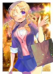 Rule 34 | 1girl, ;d, bag, black jacket, blonde hair, blue skirt, blurry, blurry background, blush, braid, commentary request, commission, depth of field, hand up, idolmaster, idolmaster cinderella girls, jacket, kiryu tsukasa (idolmaster), kou hiyoyo, long hair, looking at viewer, one eye closed, open clothes, open jacket, open mouth, paper bag, parted bangs, pink shirt, purple eyes, shirt, shopping bag, short sleeves, skeb commission, skirt, smile, solo