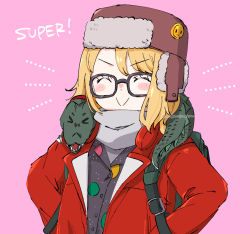 Rule 34 | 1girl, alligator, badge, black shirt, blonde hair, blush, breasts, brown hat, button badge, citron80citron, closed eyes, crocodilian, fate/grand order, fate (series), glasses, hat, jacket, long sleeves, open clothes, open jacket, paul bunyan (fate), pink background, polka dot, red jacket, scarf, shirt, short hair, simple background, small breasts, smile, super bunyan (fate), super bunyan (first ascension) (fate), white scarf
