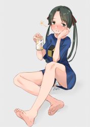 Rule 34 | 1girl, alakoala, beer can, black hair, blue shirt, can, drink can, drunk, grey eyes, hand on own face, highres, kantai collection, long hair, mikuma (kancolle), official alternate costume, panties, pantyshot, shirt, sitting, solo, squeans, t-shirt, twintails, underwear, white panties