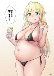 Rule 34 | 1girl, ahoge, arm up, big belly, bikini, black bikini, blonde hair, blunt bangs, blush, breasts, breasts apart, burger, character request, closed mouth, commentary request, copyright request, cowboy shot, dot nose, food, green eyes, highres, holding, holding food, large breasts, lettuce, licking lips, long hair, looking at viewer, navel, patterned background, plump, pointy ears, screentones, sesame seeds, shadow, shigekikkusu, side-tie bikini bottom, signature, skindentation, solo, speech bubble, string bikini, swimsuit, talking, tareme, thick thighs, thighs, tongue, tongue out, translated, very long hair, wrapper