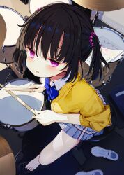 Rule 34 | 1girl, bare legs, barefoot, black hair, blue bow, blue bowtie, blue skirt, blush, bow, bowtie, cardigan, collared shirt, cymbals, drum, drum set, drumsticks, from above, hair bobbles, hair ornament, holding, holding drumsticks, indoors, instrument, kamizaki hibana, looking at viewer, miniskirt, open mouth, original, paper, parted lips, pink eyes, plaid, plaid skirt, pleated skirt, purple eyes, school uniform, shirt, shoes, short hair, short twintails, sitting, skirt, smile, sneakers, solo, sweater, toes, twintails, unworn shoes, white shirt, yellow cardigan, yellow sweater