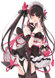 Rule 34 | 1girl, :o, bare shoulders, black dress, black hair, black thighhighs, bow, breasts, choker, cowboy shot, detached sleeves, dress, earrings, frilled dress, frills, garter belt, hair bow, highres, jewelry, long hair, looking at viewer, maid headdress, medium breasts, nail polish, nanananana, obi, open mouth, original, red eyes, sash, simple background, solo, steepled fingers, tail, thighhighs, twintails, very long hair, white background, wide sleeves, wings, zettai ryouiki