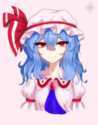 Rule 34 | 1girl, absurdres, blue hair, breasts, closed mouth, collar, dress, hair between eyes, hat, hat ribbon, highres, kfre (gehm8472), looking at viewer, medium breasts, medium hair, mob cap, pink background, pink dress, pink hat, puffy short sleeves, puffy sleeves, red eyes, red neckwear, red ribbon, remilia scarlet, ribbon, sheya (style), short sleeves, simple background, smile, solo, touhou, upper body