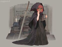 Rule 34 | 1girl, black cape, black robe, blue eyes, book, bookshelf, candle, cape, covering own mouth, full body, hand up, heterochromia, holding, holding book, hood, hooded cape, neck ribbon, open mouth, original, oversized clothes, pile of books, pink hair, ribbon, robe, rope, souperior, sword, teeth, twitter username, unworn headwear, upper teeth only, weapon, wide sleeves, yellow eyes