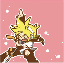 Rule 34 | 1boy, bass clef, blonde hair, chibi, closed eyes, fringe trim, headset, kagamine len, male focus, microphone, music, necktie, pink background, pointing, ponytail, sailor collar, shorts, simple background, singing, solo, vocaloid