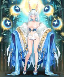 Rule 34 | 1girl, :&lt;, animal ears, bamboo, bamboo forest, bare shoulders, bead anklet, beads, blue choker, blue eyes, blue footwear, blue hair, blue kimono, blue tassel, blush, bow, breasts, center opening, choker, collarbone, crescent choker, dress, energy, evertale, forest, full body, full moon, fur-trimmed kimono, fur trim, gluteal fold, hair ornament, japanese clothes, kaguya (evertale), kimono, large breasts, legs, light particles, long hair, looking at viewer, moon, nature, navel, night, night sky, official art, okobo, open clothes, open kimono, orb, pendant choker, pink pupils, platform clogs, pom pom (clothes), pom pom hair ornament, popqn, prayer beads, rabbit ears, rabbit girl, revealing clothes, sandals, shiny skin, short dress, sky, sleeves past wrists, solo, standing, two-tone kimono, very long hair, waist bow, white dress, white hair, white kimono, wide sleeves