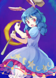 Rule 34 | 1girl, bloomers, blue dress, blue hair, braid, dress, kine, looking at viewer, low twintails, mallet, multi-tied hair, open mouth, puffy short sleeves, puffy sleeves, red eyes, seiran (touhou), short sleeves, solo, tomobe kinuko, touhou, twintails, underwear