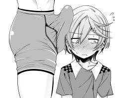 Rule 34 | 2boys, androgynous, averting eyes, blush, boxer briefs, bulge, collared shirt, erection, erection under clothes, flying sweatdrops, greyscale, hair ornament, hairclip, head out of frame, looking to the side, male focus, male underwear, monochrome, multiple boys, nanamatsu kenji, original, shirt, short sleeves, sideways glance, sweatdrop, underwear, upper body, webp-to-png conversion, yaoi