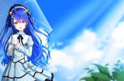 Rule 34 | 1girl, :d, amamiya kokoro, aoi thomas, bell, beret, black ribbon, blue hair, blue hat, blue sky, blurry, blurry background, bow, brown eyes, center frills, cloud, commentary request, day, depth of field, frills, gradient hair, grey bow, grey jacket, grey skirt, hair bell, hair between eyes, hair ornament, hair ribbon, hairclip, hat, highres, holding, holding umbrella, jacket, jingle bell, juliet sleeves, long hair, long sleeves, looking at viewer, multicolored hair, neck ribbon, nijisanji, open mouth, outdoors, pleated skirt, puffy sleeves, ribbon, shirt, skirt, sky, smile, solo, transparent, transparent umbrella, two side up, umbrella, very long hair, virtual youtuber, white shirt, x hair ornament, yellow eyes