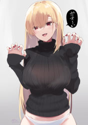 Rule 34 | 1girl, black sweater, blonde hair, blush, breasts, highres, kazami chiu, large breasts, long hair, long sleeves, looking at viewer, nail polish, open mouth, original, panties, red eyes, ribbed sweater, smile, solo, sweater, translation request, turtleneck, turtleneck sweater, underwear, white panties