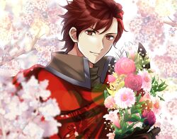 Rule 34 | 1boy, absurdres, bouquet, cape, collared cloak, diamant (fire emblem), fire emblem, fire emblem engage, flower, high collar, highres, holding, holding bouquet, kakiko210, male focus, nintendo, pink flower, red cape, red flower, red hair