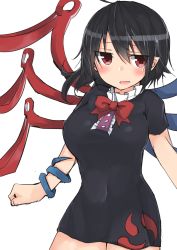 Rule 34 | 1girl, black dress, black hair, blush, bow, bowtie, breasts, clenched hand, covered navel, cowboy shot, dress, frills, golgi hon, hair between eyes, highres, houjuu nue, large breasts, looking at viewer, open mouth, pointy ears, red bow, red bowtie, red eyes, short hair, short sleeves, simple background, solo, touhou, white background