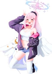 Rule 34 | 1girl, absurdres, black footwear, black jacket, black scrunchie, blue archive, blush, breasts, cleavage, collarbone, daran9, fang, feathered wings, foot out of frame, hair ornament, hairclip, halo, highres, jacket, large breasts, long hair, long sleeves, looking at viewer, mika (blue archive), navel, open clothes, open jacket, open mouth, pink hair, pink halo, ponytail, scrunchie, shoes, simple background, single wing, smile, solo, tank top, thighhighs, white background, white tank top, white thighhighs, white wings, wings, yellow eyes
