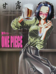 Rule 34 | 00s, 1girl, 2005, alcohol, bandana, bar (place), beer, blue hair, blush, breasts, cleavage, copyright name, cup, drunk, east blue, closed eyes, female focus, green shirt, large breasts, long skirt, lowres, makino (one piece), mug, one piece, open collar, plaid bandanna, shirt, skirt, solo, standing