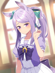 Rule 34 | absurdres, alternate costume, animal ears, blurry, blurry background, breasts, collarbone, commentary request, hair ornament, highres, horse ears, horse girl, looking at viewer, matsumoto tomoyohi, mejiro mcqueen (umamusume), ponytail, purple eyes, purple hair, ribbon, school uniform, small breasts, tracen school uniform, umamusume, window
