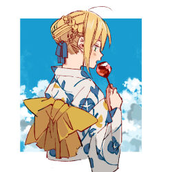 1girl ahoge artoria_pendragon_(fate) blonde_hair blue_eyes bun_with_braided_base candy_apple cloud commentary_request cropped_torso duck11_rp fate/stay_night fate_(series) food from_behind hair_bun japanese_clothes kimono open_mouth saber_(fate) single_hair_bun solo upper_body white_kimono yukata