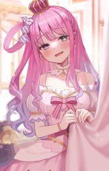 Rule 34 | absurdres, ahoge, bare shoulders, breasts, candy hair ornament, cleavage, crown, dress, earrings, food-themed hair ornament, green eyes, hair ornament, hair rings, heterochromia, highres, himemori luna, himemori luna (1st costume), holding, holoforce, hololive, jewelry, long hair, mini crown, open mouth, pink dress, pink hair, princess, purple eyes, purple hair, rum raisin (chihiromakita19), smile, virtual youtuber, wavy hair
