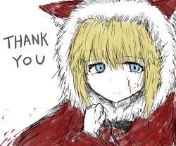 Rule 34 | 1girl, animal ears, animal hood, black souls, black souls ii, blonde hair, blood, blood on clothes, blood on face, blood on hands, blood splatter, blue eyes, bow, capelet, cloak, closed mouth, english text, expressionless, fur-trimmed hood, fur trim, hair between eyes, hand up, hood, hood up, hooded cloak, hoodie, jaggy lines, light smile, little red riding hood (grimm), long sleeves, looking at viewer, official art, portrait, red capelet, red hood, red hood (black souls), ribbon, short hair, simple background, sketch, slit pupils, solo, sushi yuusha toro, thank you, upper body, white background, wolf ears, wolf hood