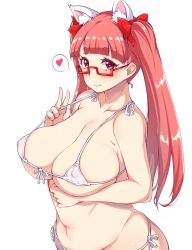 Rule 34 | 1girl, adjusting clothes, adjusting swimsuit, animal ears, belly, bikini, borrowed character, breasts, cat ears, covered erect nipples, eyebrows, front-tie top, glasses, hair ribbon, heart, highres, huge breasts, large breasts, light smile, long hair, micro bikini, moisture (chichi), navel, original, pink hair, plump, red-framed eyewear, red eyes, ribbon, side-tie bikini bottom, simple background, smile, solo, spoken heart, srco, swimsuit, thick eyebrows, twintails, upper body, white background, white bikini