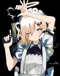 Rule 34 | 1girl, absurdres, apron, arm up, black background, black dress, blonde hair, closed mouth, collared dress, commentary, dress, eyes visible through hair, frilled apron, frills, green eyes, gun, hair ornament, hair over one eye, hairclip, halo, handgun, heart, heart hands, highres, holding, holding gun, holding weapon, looking at viewer, maid, maid apron, maid headdress, one eye closed, original, pistol, puffy short sleeves, puffy sleeves, short sleeves, signature, simple background, smoke, smoke heart, smoking barrel, sofra, solo, symbol-only commentary, trigger discipline, twitter username, upper body, weapon, white apron