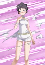Rule 34 | 1girl, absurdres, bare legs, black hair, blue eyes, blue nails, blush, breasts, choker, collarbone, creatures (company), diantha (pokemon), embarrassed, game freak, highres, jewelry, looking at viewer, medium breasts, nail polish, nintendo, open mouth, pendant, pokemon, pokemon xy, purple background, shirt, short hair, short shorts, shorts, sleeveless, sleeveless shirt, solo, standing, sweatdrop, tearing up, tsukishiro saika, white choker, white shirt, white shorts