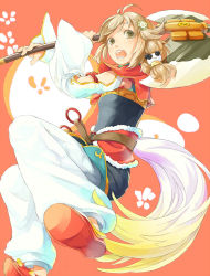 Rule 34 | 1girl, ahoge, alternate eye color, alternate hair color, axe, bad id, bad pixiv id, belt, brown eyes, brown hair, chinese clothes, colored eyelashes, detached sleeves, fingernails, flower, fur trim, hair flower, hair ornament, holding, looking at viewer, looking back, nakatoe, open mouth, panda, pants, red background, rune factory, rune factory 4, short hair, solo, swept bangs, teeth, weapon, wide sleeves, xiao pai
