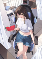 Rule 34 | 1girl, absurdres, angel no shousou, blue shorts, breasts, brown hair, chair, crop top, denim, denim shorts, food, from above, fruit, gaming chair, highres, indoors, long hair, looking at viewer, medium breasts, midriff, navel, open mouth, original, shirt, shoes, short sleeves, shorts, sitting, smile, sneakers, solo, stomach, swivel chair, watermelon, white shirt, yellow eyes