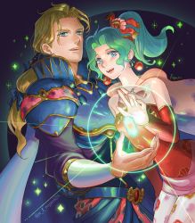 Rule 34 | 1boy, 1girl, armor, bare shoulders, belt, blonde hair, blue eyes, blue ribbon, breasts, cape, couple, crystal, detached sleeves, dress, earrings, edgar roni figaro, final fantasy, final fantasy vi, floral print, green hair, hair ornament, hair ribbon, high collar, jewelry, long hair, long sleeves, low ponytail, magic, medium breasts, multi-tied hair, open mouth, outstretched arm, pantyhose, parted bangs, ponytail, red dress, red ribbon, regan (hatsumi), ribbon, shoulder armor, smile, sparkle, strapless, strapless dress, tina branford, upper body, uppercut