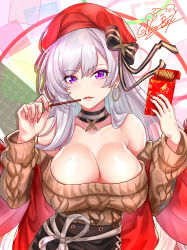 Rule 34 | 1girl, :d, absurdres, aran sweater, azur lane, belfast (azur lane), belfast (shopping with the head maid) (azur lane), beret, blush, breasts, brown sweater, cable knit, choker, cleavage, collarbone, earrings, food, hat, highres, holding, holding food, hoop earrings, jewelry, large breasts, long hair, looking at viewer, nail polish, nez-box, off-shoulder sweater, off shoulder, open mouth, pocky, signature, silver hair, skirt, smile, solo, sweater