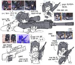 Rule 34 | 1girl, aiming, animal ears, blue archive, bridal gauntlets, bullpup, china dress, chinese clothes, closed eyes, dress, flukhan, flying sweatdrops, game screenshot, gun, hair ribbon, halo, highres, holding, holding gun, holding weapon, korean text, long hair, lying, multiple views, on stomach, open mouth, ponytail, reference inset, ribbon, shun (blue archive), shun (small) (blue archive), simple background, translation request, twintails, twitter username, weapon, white background