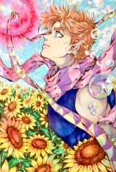 Rule 34 | 1boy, bad id, bad pixiv id, brown hair, bubble, field, flower, flower field, from side, green eyes, highres, jewelry, jojo no kimyou na bouken, joseph joestar, joseph joestar (young), male focus, profile, ring, scarf, solo, striped clothes, striped scarf, sunflower, sunflower field, suzu no kiseko, tears, upper body
