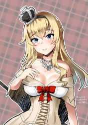 Rule 34 | 1girl, black hairband, blonde hair, blue eyes, braid, commentary request, cowboy shot, crown, dress, flower, french braid, hairband, jewelry, kantai collection, long hair, long sleeves, minase (takaoka nanase), mini crown, necklace, off-shoulder dress, off shoulder, one-hour drawing challenge, plaid, plaid background, red flower, red ribbon, red rose, ribbon, rose, smile, solo, tilted headwear, warspite (kancolle), white dress