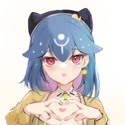 Rule 34 | 1girl, :o, artist name, bao (vtuber), bao (vtuber) (5th costume), beret, black hat, blue hair, choker, colored inner hair, commentary, earrings, english commentary, hair behind ear, hat, heart, heart hands, indie virtual youtuber, jewelry, looking at viewer, medium hair, multicolored hair, official alternate costume, open mouth, portrait, purple hair, shirt, simple background, single earring, solo, tofuubuns, virtual youtuber, white background, white choker, yellow shirt