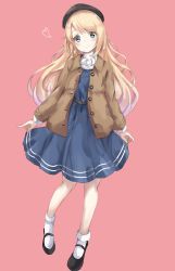 Rule 34 | 1girl, alternate costume, beret, blonde hair, blue dress, blue eyes, blue hat, brown coat, coat, commentary request, dress, full body, hat, highres, jervis (kancolle), kantai collection, long hair, mary janes, pink background, sa-ya2, shoes, simple background, socks, solo, standing, white socks