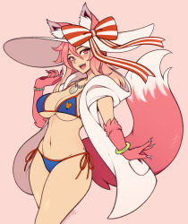 Rule 34 | 1girl, :d, absurdres, animal ear fluff, animal ears, animal hands, artist name, bikini, blue bikini, bow, bracelet, breasts, claws, cleavage, commentary, copyright request, cowboy shot, ears through headwear, english commentary, fang, fox ears, fox girl, fox tail, groin, hair between eyes, halterneck, hat, highres, jewelry, large hat, long hair, looking at viewer, navel, necklace, open mouth, pink background, pink hair, red bow, red eyes, side-tie bikini bottom, simple background, smile, solo, string bikini, striped, striped bow, swimsuit, tail, tamamo no mae (swimsuit lancer) (fate), tamamo no mae (swimsuit lancer) (third ascension) (fate), the scarlet devil, two-tone bow, white bow, white hat