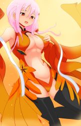 Rule 34 | 1girl, bare shoulders, breasts, center opening, cleavage, cowboy shot, detached sleeves, fingerless gloves, gloves, guilty crown, hair ornament, hairclip, highres, jellcaps, large breasts, long hair, navel, pink hair, red eyes, solo, thighhighs, twintails, yuzuriha inori