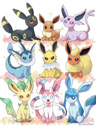 Rule 34 | :3, :d, artist name, blue eyes, bright pupils, brown eyes, closed mouth, commentary request, creatures (company), eevee, espeon, evolutionary line, fangs, flareon, forehead jewel, game freak, gem, gen 1 pokemon, gen 2 pokemon, gen 4 pokemon, gen 6 pokemon, glaceon, highres, jolteon, leafeon, looking at viewer, nintendo, no humans, open mouth, pokemon, pokemon (creature), purple eyes, red eyes, saki pokeoekaki, simple background, sitting, smile, sparkle, sylveon, twitter username, umbreon, vaporeon, white background, white pupils