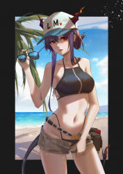 Rule 34 | 1girl, absurdres, alternate hairstyle, areaaaron, arknights, bare arms, bare shoulders, baseball cap, bikini, black bikini, black border, blue hair, blue sky, border, breasts, ch&#039;en (arknights), ch'en (arknights), commentary, cowboy shot, day, dragon horns, dragon tail, female tourist c (arknights), folded ponytail, grey shorts, hair between eyes, halterneck, hand up, hat, heart, highres, holding, horns, horns through headwear, huge filesize, long hair, looking at viewer, medium breasts, navel, official alternate costume, outside border, parted lips, red eyes, short shorts, shorts, sidelocks, sky, solo, standing, stomach, sunglasses, sunglasses removed, swimsuit, tail, thighs