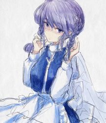 Rule 34 | 1girl, alternate hairstyle, apron, blue eyes, blue hair, blue vest, hand in own hair, highres, koyane (silver81106), letty whiterock, long sleeves, looking to the side, shirt, solo, touhou, twintails, twintails day, vest, waist apron, white apron, white background, white shirt