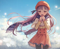 Rule 34 | 1girl, black pantyhose, blunt bangs, capelet, chengnya, cloud, cloudy sky, commentary request, covering own mouth, day, gradient background, hair ornament, hairclip, hat, hat ribbon, long hair, mittens, pantyhose, purple eyes, purple hair, ribbon, scarf, skirt, sky, solo, underbust, vocaloid, xin hua