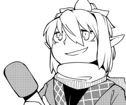 Rule 34 | 1girl, greyscale, hair between eyes, holding microphone, looking outside, microphone, mizuhashi parsee, monochrome, pointy ears, scarf, simple background, smile, smirk, solo, toriburi, touhou, troll face