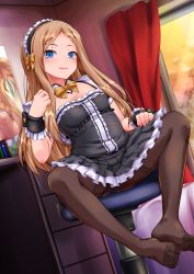 Rule 34 | 1girl, abigail williams (fate), akatsuki shimeji, black dress, blonde hair, blue eyes, blush, bow, breasts, brown pantyhose, detached collar, dress, fate/grand order, fate (series), feet, forehead, frilled hairband, frills, hair bow, hairband, legs, long hair, looking at viewer, pantyhose, parted bangs, sidelocks, sitting, small breasts, smile, solo, toes, wrist cuffs