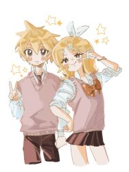 Rule 34 | 1boy, 1girl, alternate costume, alternate eye color, ao 6336, arm at side, blonde hair, blue nails, blush, bow, bowtie, bracelet, brother and sister, brown eyes, collared shirt, cropped legs, flipped hair, gyaru, hair bow, hair ornament, hairclip, hand on own hip, hand up, jewelry, kagamine len, kagamine rin, long sleeves, looking at viewer, medium hair, miniskirt, necktie, pants, parted bangs, pink necktie, pink sweater vest, popped collar, red bow, red bowtie, red pants, red skirt, school uniform, shirt, short hair, short sleeves, siblings, simple background, skirt, sleeves rolled up, standing, star (symbol), sweater vest, v, v-shaped eyebrows, v over eye, vocaloid, white background, white bow, white shirt