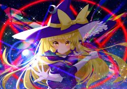 Rule 34 | 1girl, abstract background, absurdres, blonde hair, blush, bow, closed mouth, commentary request, crescent, crescent hat ornament, crossed arms, dress, gloves, happy, hat, hat bow, hat ornament, highres, holding, kirisame marisa, kirisame marisa (pc-98), long hair, long sleeves, looking at viewer, nettian51, phantasmagoria of dim.dream, purple dress, purple headwear, sash, smile, touhou, touhou (pc-98), upper body, very long hair, wand, white gloves, white sash, witch, witch hat, yellow bow, yellow eyes