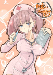 Rule 34 | 1girl, alternate costume, atlanta (kancolle), breasts, brown hair, clipboard, cowboy shot, digital thermometer, dress, earrings, english text, fyuo, hat, highres, holding, holding thermometer, jewelry, kantai collection, large breasts, long hair, long sleeves, milestone celebration, nurse, nurse cap, pink dress, short dress, smile, solo, speech bubble, star (symbol), star earrings, stethoscope, thank you, thermometer, two side up