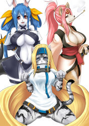 Rule 34 | 3girls, animal, animal ears, arc system works, arms behind back, baiken, belt, blonde hair, blue eyes, blue hair, blush, breasts, rabbit, cat, cat ears, cat tail, choker, claws, cleavage, collar, dizzy (guilty gear), fox, fox ears, furry, furry female, guilty gear, hair ribbon, headband, homura (haku89), japanese clothes, kimono, large breasts, long hair, midriff, millia rage, multiple girls, navel, one-eyed, open mouth, panties, pink eyes, smoking pipe, pointy ears, rabbit ears, red eyes, ribbon, sash, scar, scar across eye, scar on face, sheath, sheathed, sleeveless, smile, smoke, spread legs, sword, tail, tattoo, teeth, thighs, twintails, underwear, very long hair, weapon