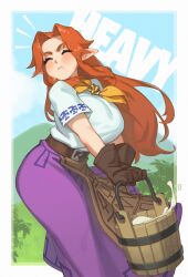 Rule 34 | &gt; &lt;, 1girl, absurdres, breasts, brown hair, carrying, curvy, dress, farm, farmer, farming, heavy, highres, huge breasts, long hair, malon, milk, nintendo, parted bangs, pointy ears, red hair, riz, solo, struggling, the legend of zelda, the legend of zelda: ocarina of time, thighs
