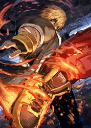 Rule 34 | 1boy, blonde hair, boots, brown jacket, capcom, fingerless gloves, flaming foot, glaring, gloves, hair over one eye, highres, jacket, ken masters, kicking, incoming kick, kuroi susumu, looking at viewer, shaded face, solo, street fighter, street fighter 6