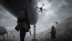 Rule 34 | aircraft, assault rifle, backpack, bag, boots, cloud, cloudy sky, coat, dark, dirigible, drone, from below, gun, gun sling, headset, highres, hood, hooded coat, military, muted color, original, rifle, sandstorm, sky, soldier, suppressor, weapon, wind, winter clothes, winter coat, yakikoke