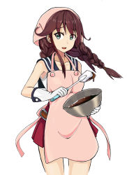 Rule 34 | 10s, 1girl, apron, atsushi (aaa-bbb), bowl, braid, chocolate, cowboy shot, gloves, green eyes, hair over eyes, head scarf, holding, holding bowl, kantai collection, long hair, miniskirt, mixing bowl, noshiro (kancolle), open mouth, pink apron, pleated skirt, school uniform, sidelocks, simple background, skirt, sleeveless, smile, solo, spatula, stirrer, twin braids, white background, white gloves